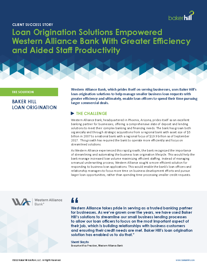 Cover of case study with Western Alliance Bank that discusses why they use Baker Hill's loan origination system.